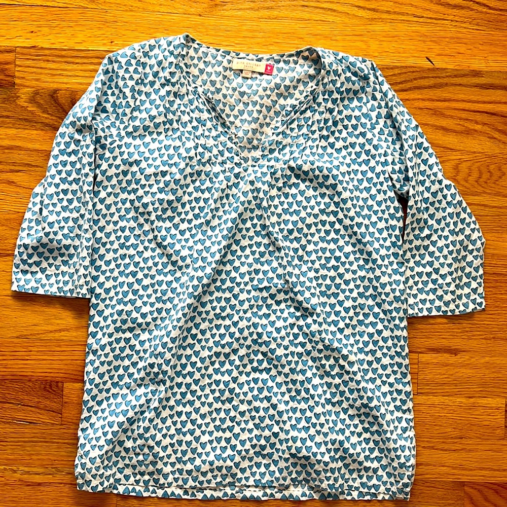 Pink Chicken girls white w/ blue hearts, tunic top, 3/4 sleeves size 9/10